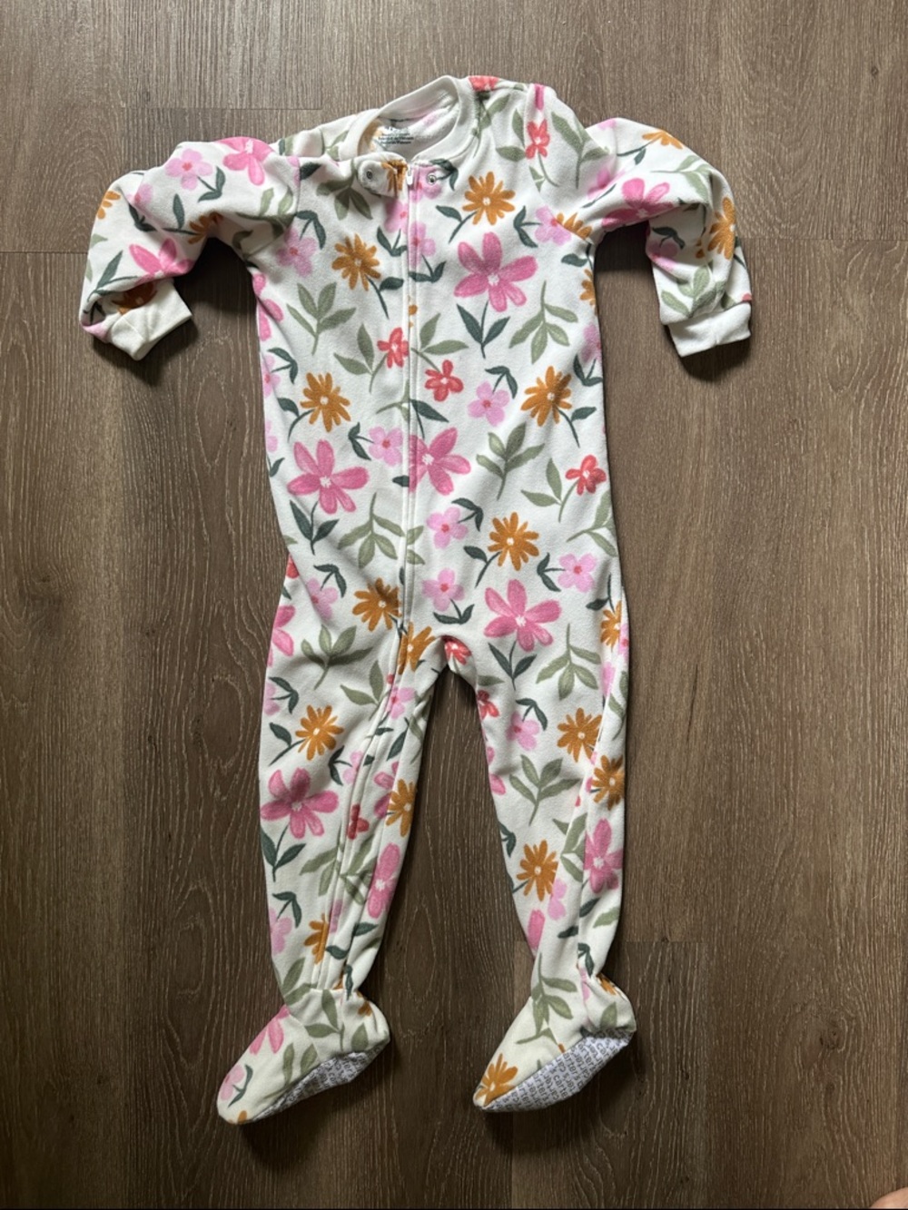 Carter's White Fleece Floral Footed Pajamas - Pink & Gold Flowers